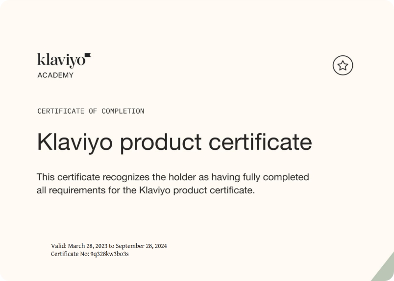 klaviyo product certificate