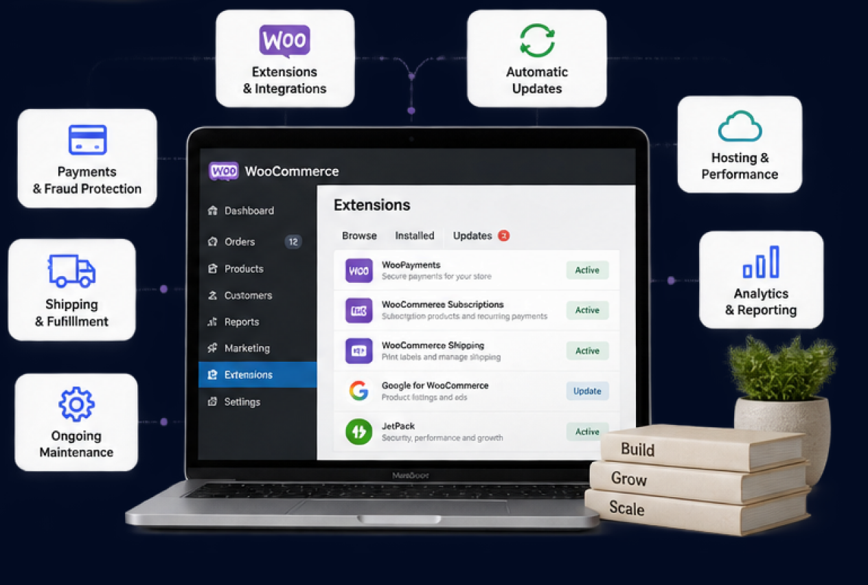 WooCommerce extensions and maintenance illustration