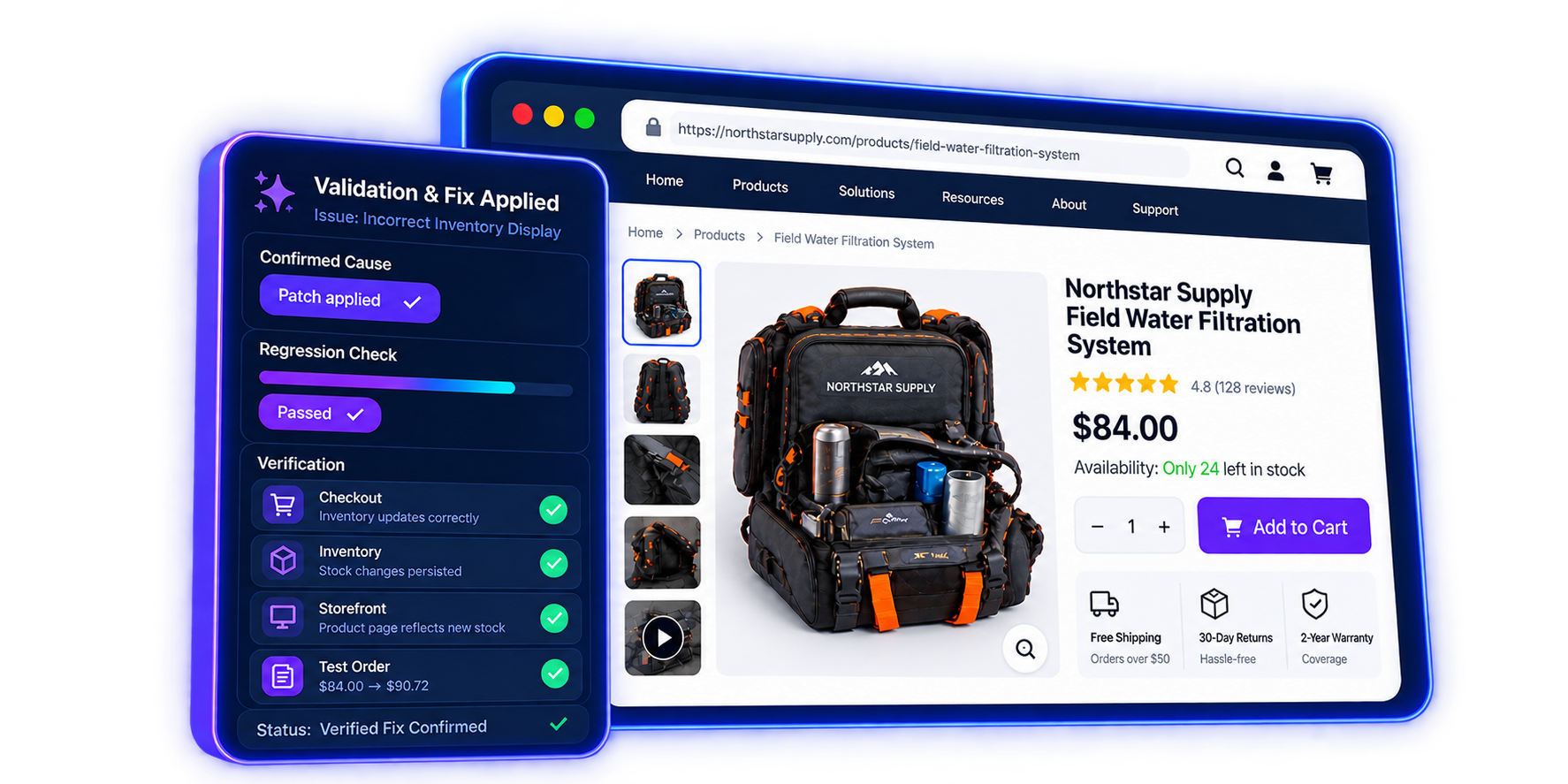 Northstar Supply product storefront and overlapping Validation & Fix Applied diagnostics panel