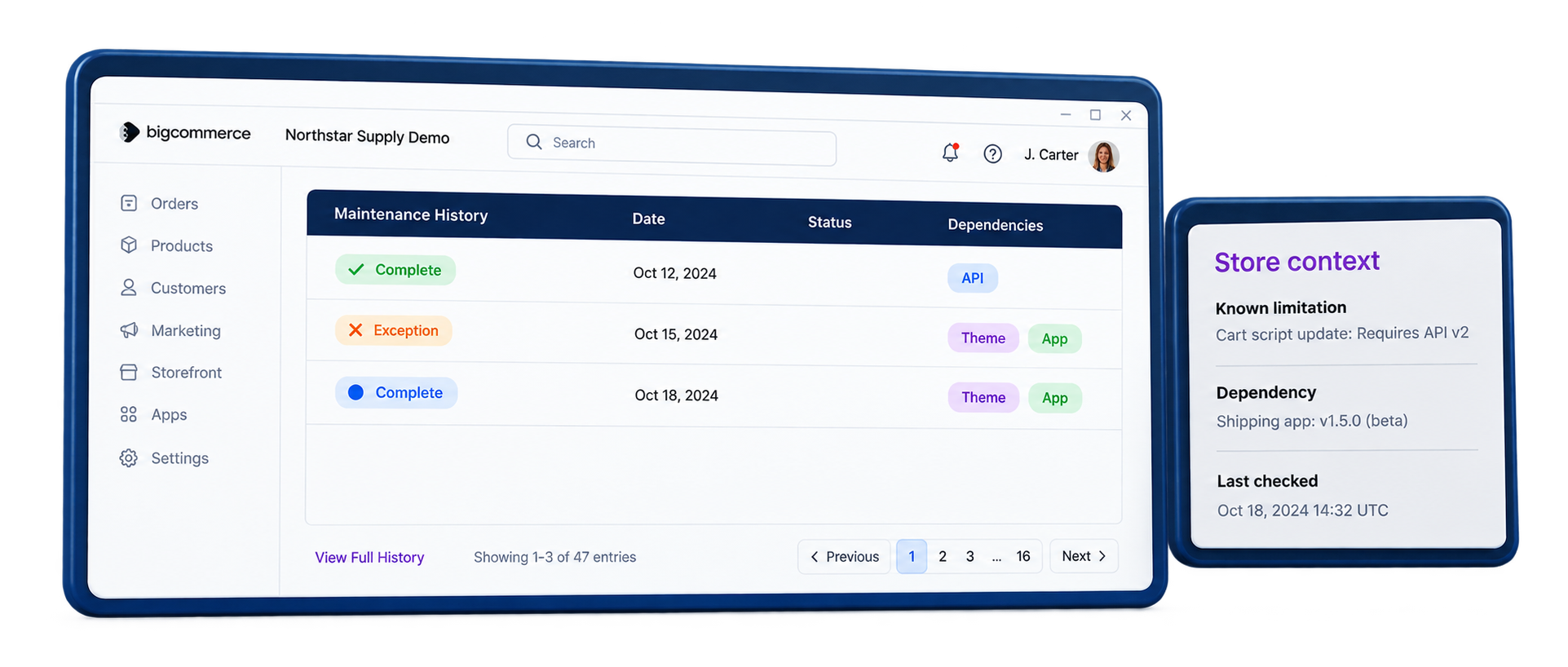 Northstar Supply maintenance history dashboard with a Store context card showing known limitations, dependencies, and last checked date