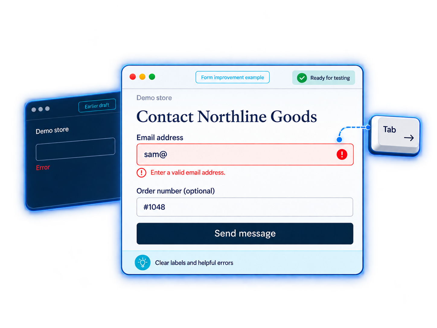 Contact form illustration with clear email validation feedback and a keyboard Tab focus cue.
