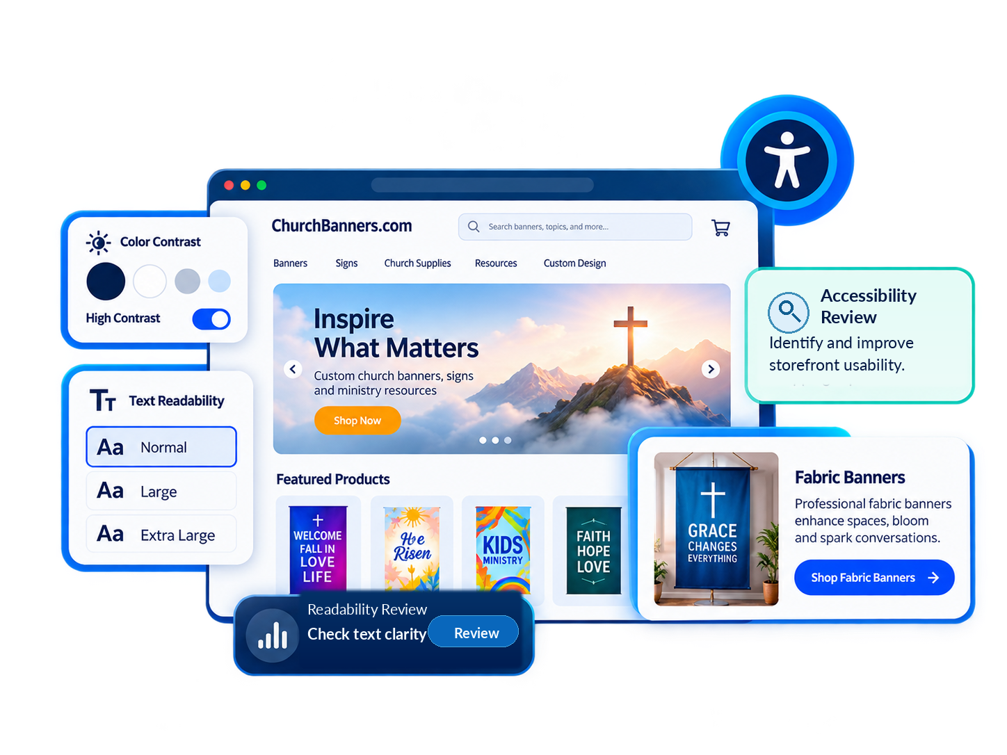 Ecommerce storefront illustration showing color contrast and text readability controls with accessibility review panels.