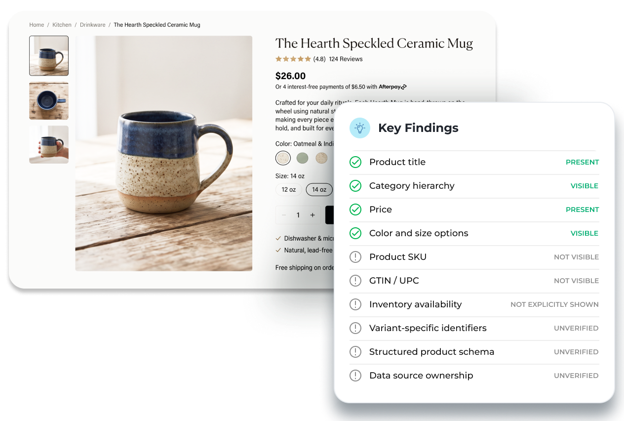 Ceramic mug product page with an AI audit checklist