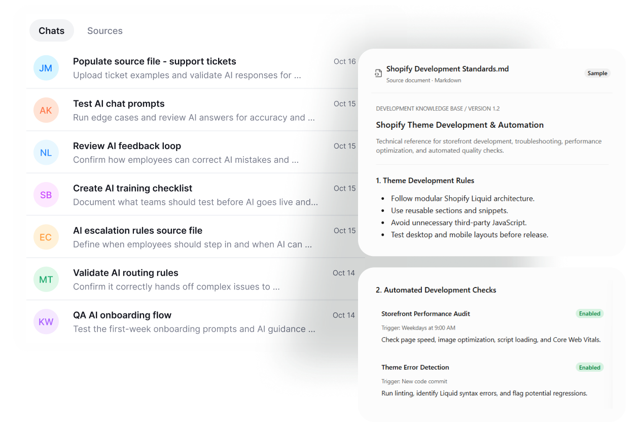 Connected company knowledge, AI onboarding tasks, and Shopify development reference files