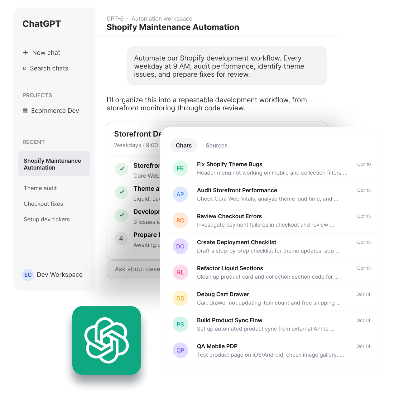 AI-assisted Shopify maintenance workspace with tasks and review steps