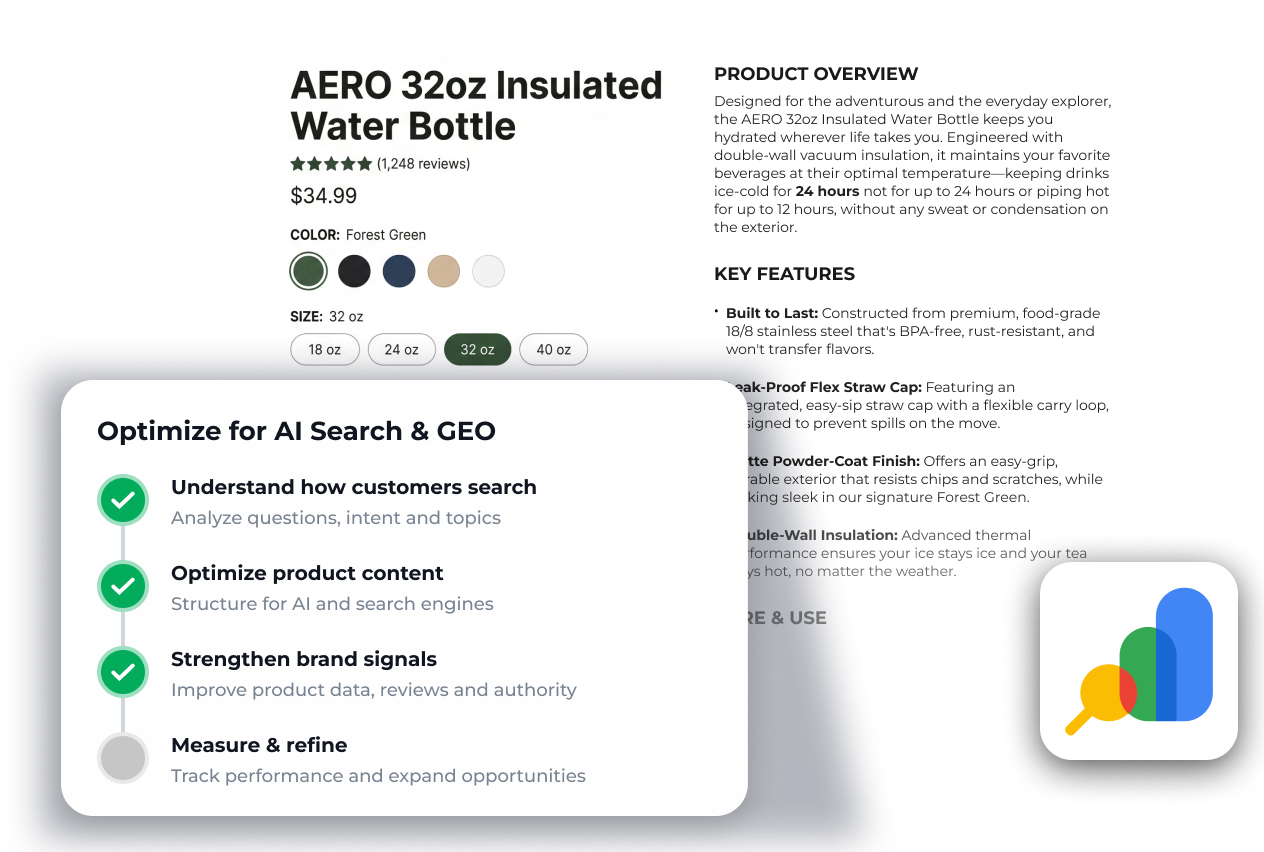 Insulated water bottle product information with AI search and GEO optimization checks