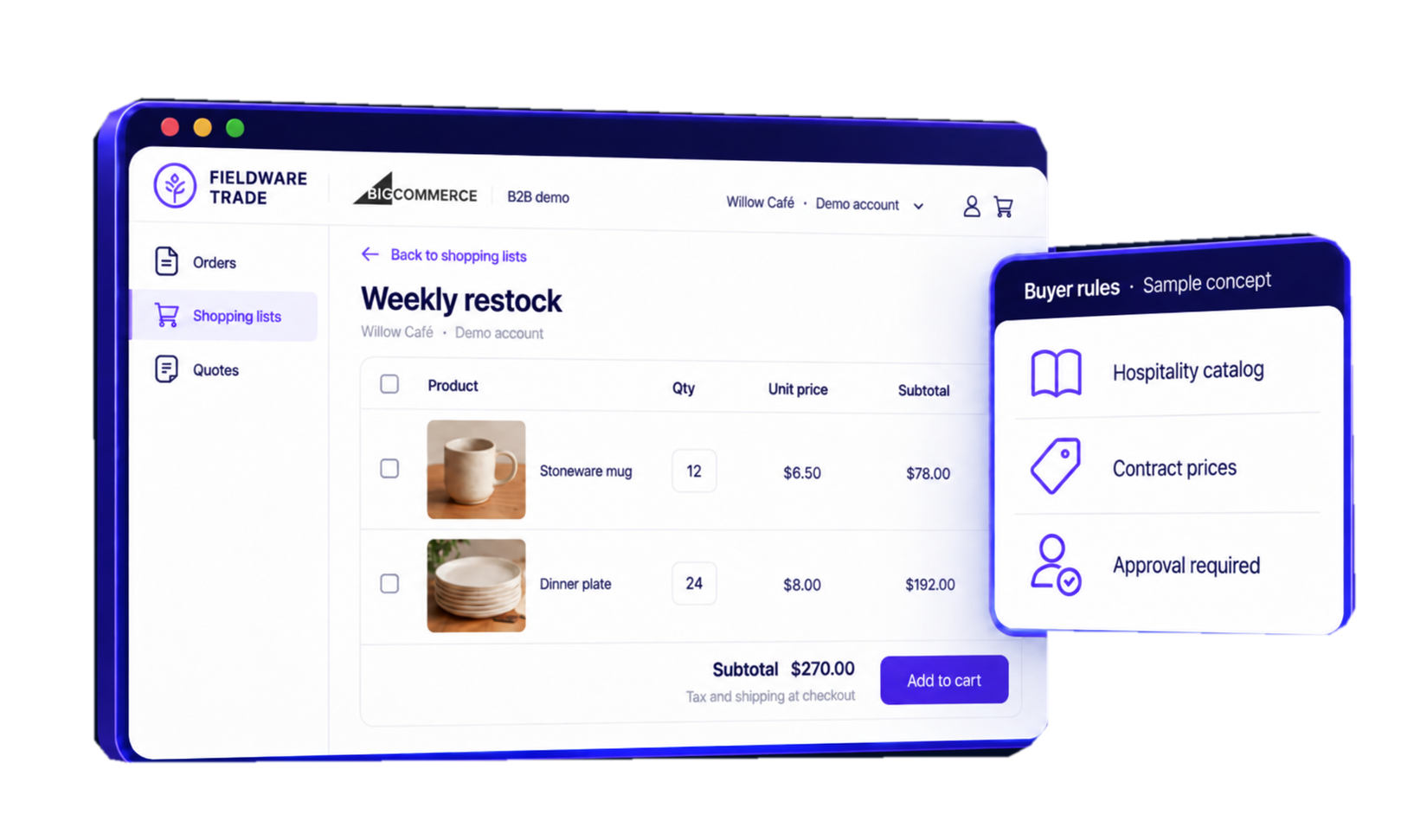 B2B wholesale shopping list with company account, pricing, and buyer rules