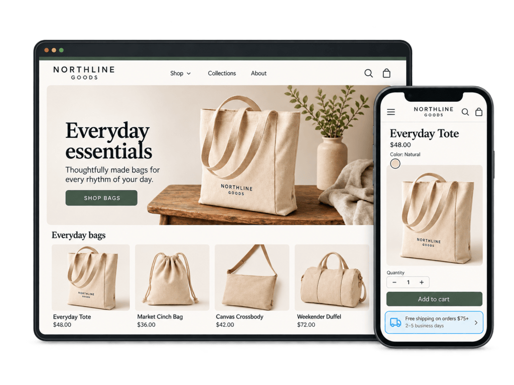 Desktop and mobile ecommerce storefront mockups illustrating conversion rate optimization and shopping experience review.