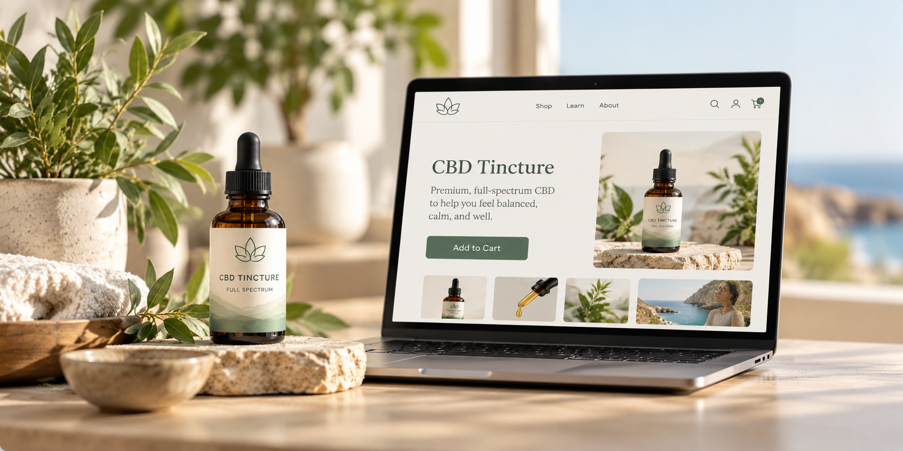 Illustrative Coastal Green Wellness-inspired botanical wellness product display.