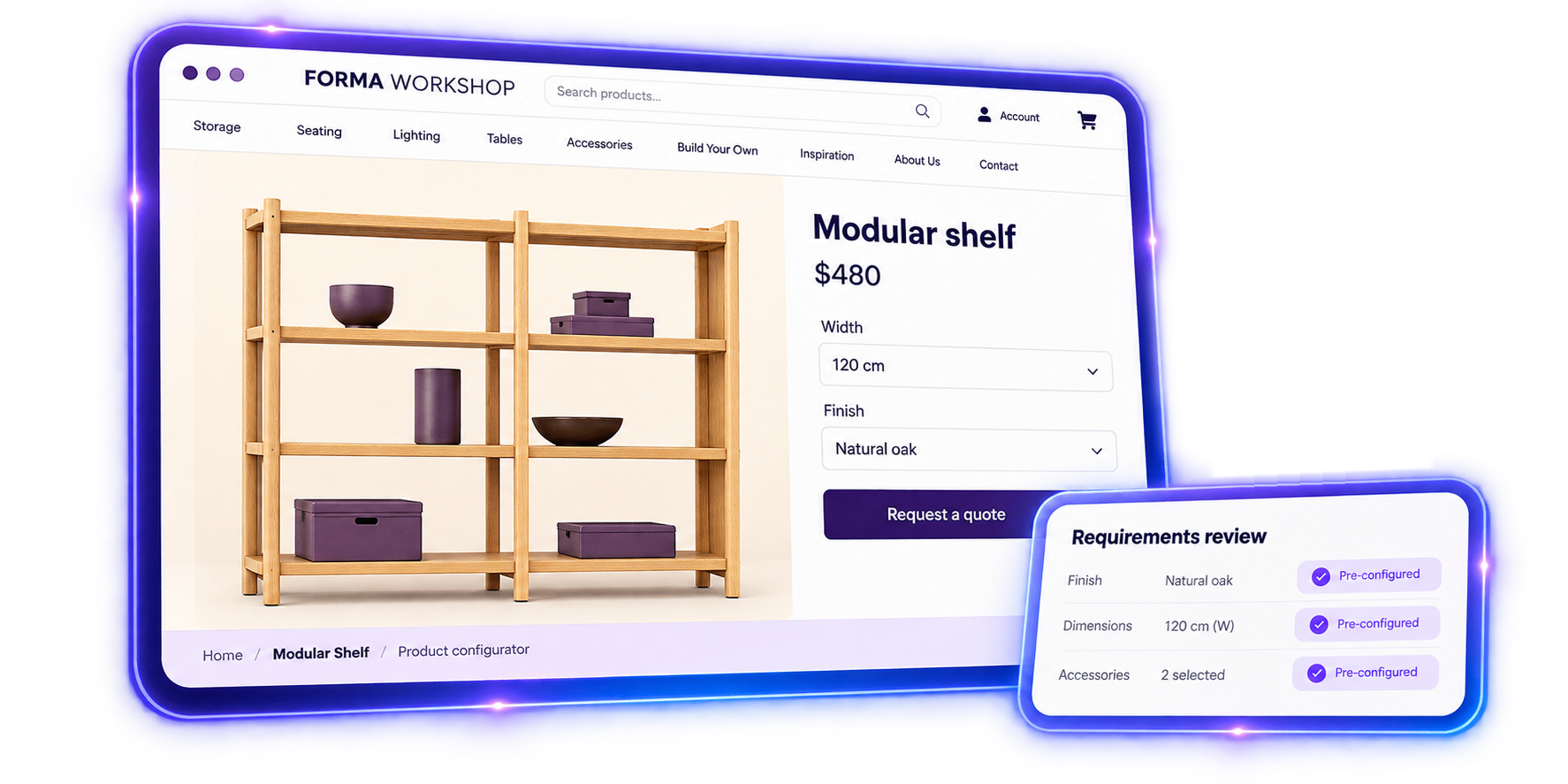 Forma Workshop modular shelf product configurator with requirements review panel