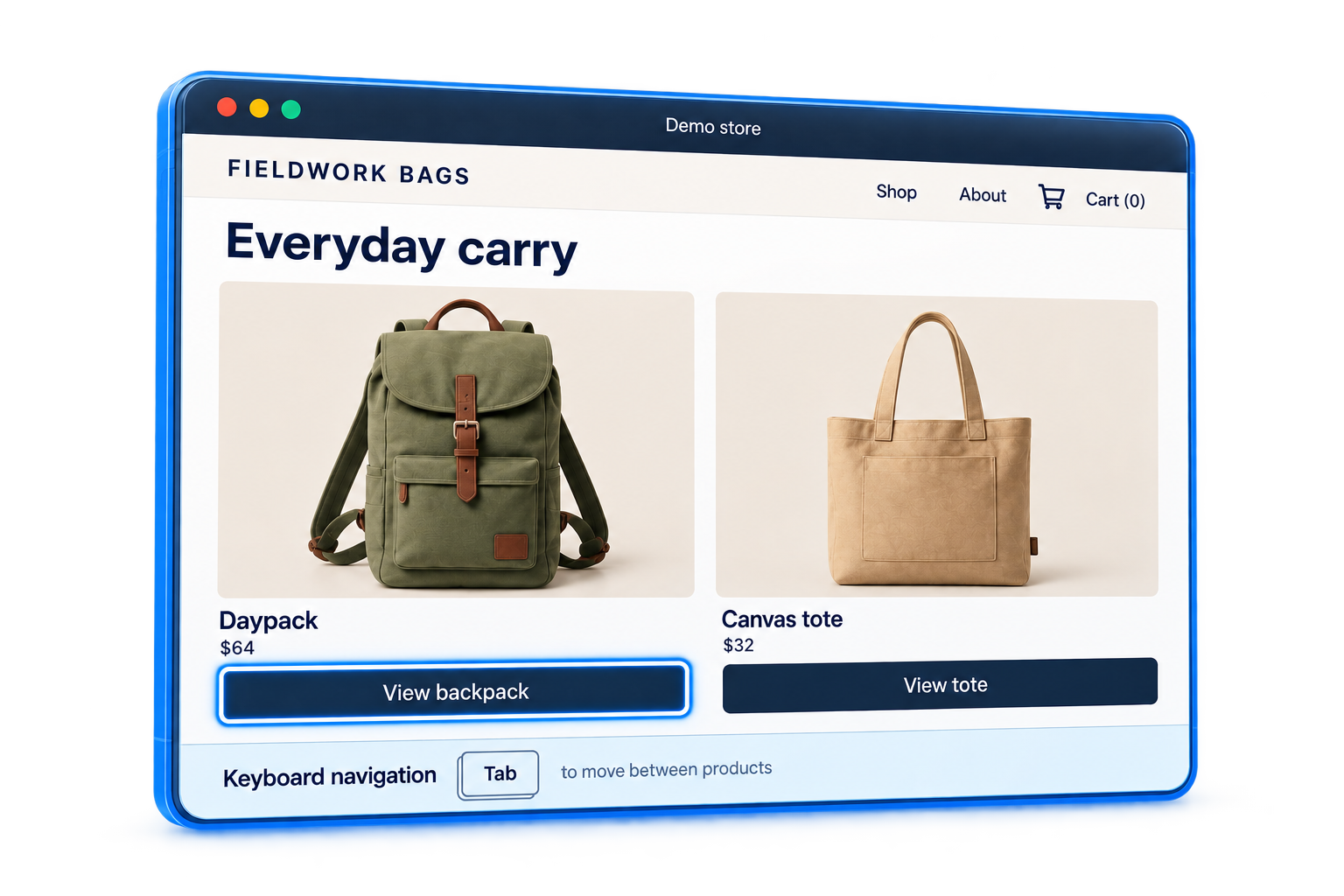 Fieldwork Bags storefront showing Daypack and Canvas tote products and a visible keyboard focus indicator on the View backpack button.