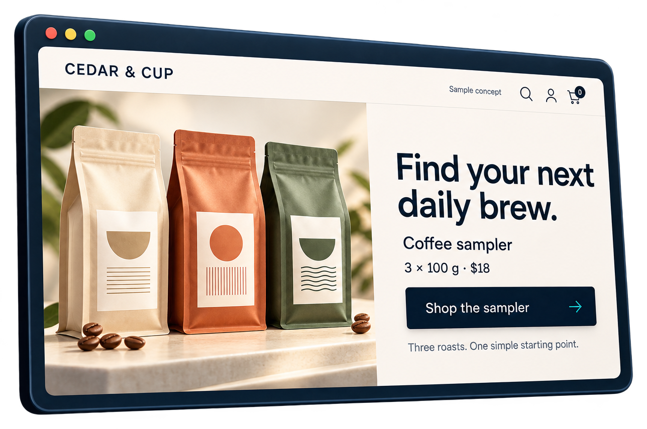 Cedar & Cup demonstration landing page with coffee bags on the left and a readable sampler offer and Shop the sampler button on the right.