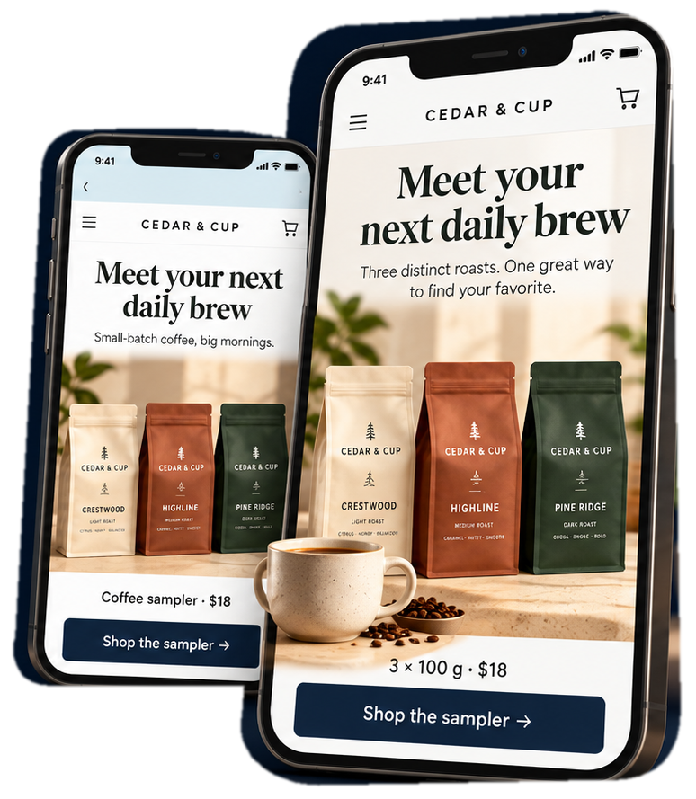 Two overlapping Cedar & Cup mobile previews showing matching campaign and landing-page messaging, coffee products, and a clear Shop the sampler call to action.