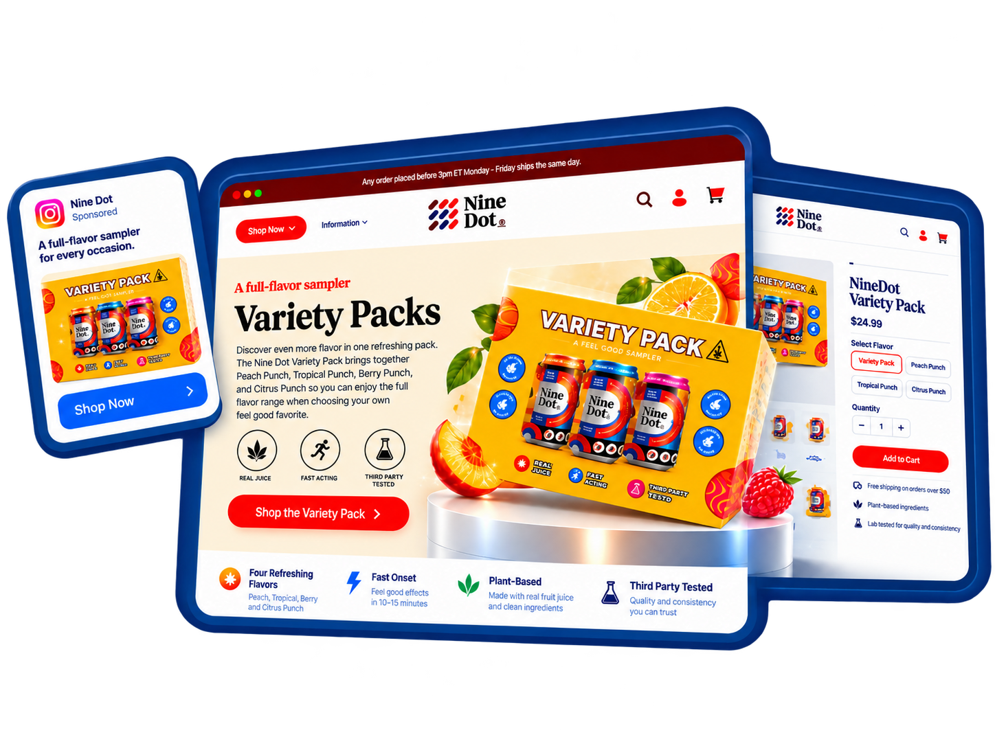 Layered Nine Dot landing-page illustration showing a sponsored promotion, a focused variety-pack offer and CTA, and an ecommerce product-selection interface.