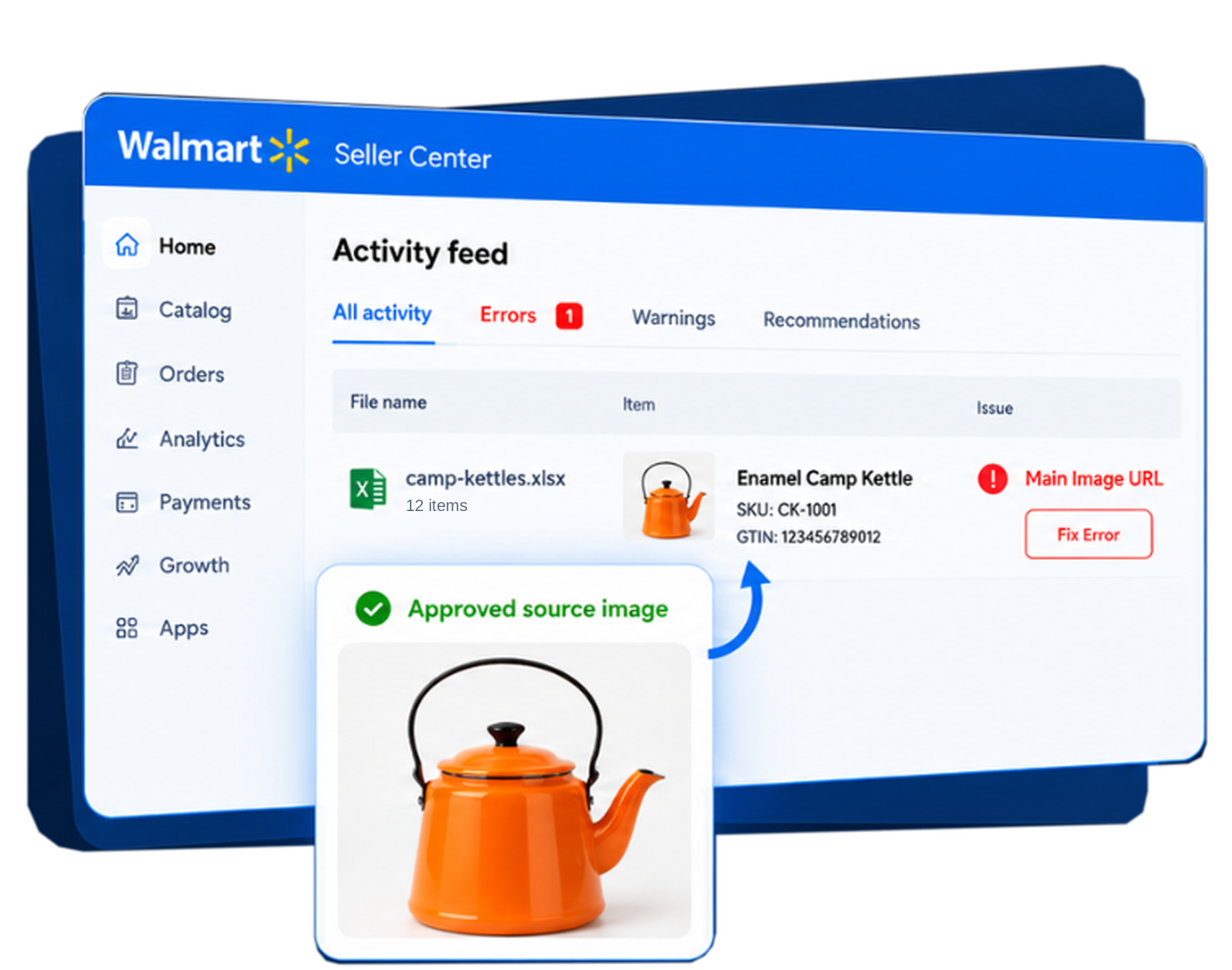 Illustration of a marketplace Seller Center listing issue and an approved product image for an orange enamel kettle.