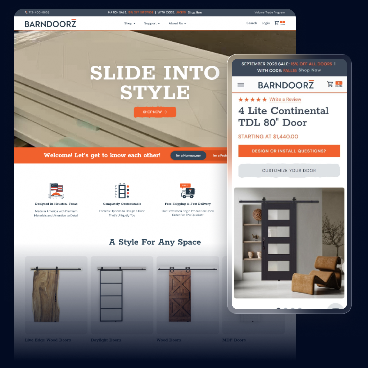 BarnDoorz desktop storefront and mobile door product page