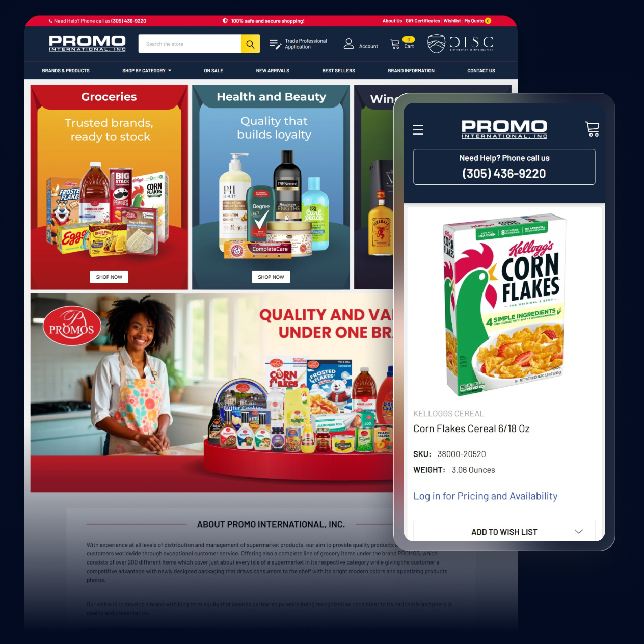 Promo International ecommerce storefront shown on desktop and mobile