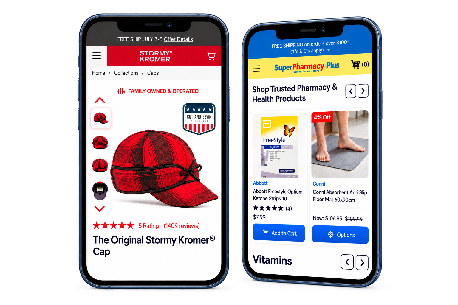 Two mobile ecommerce storefront interfaces showing a Stormy Kromer cap product page and Super Pharmacy Plus product listings