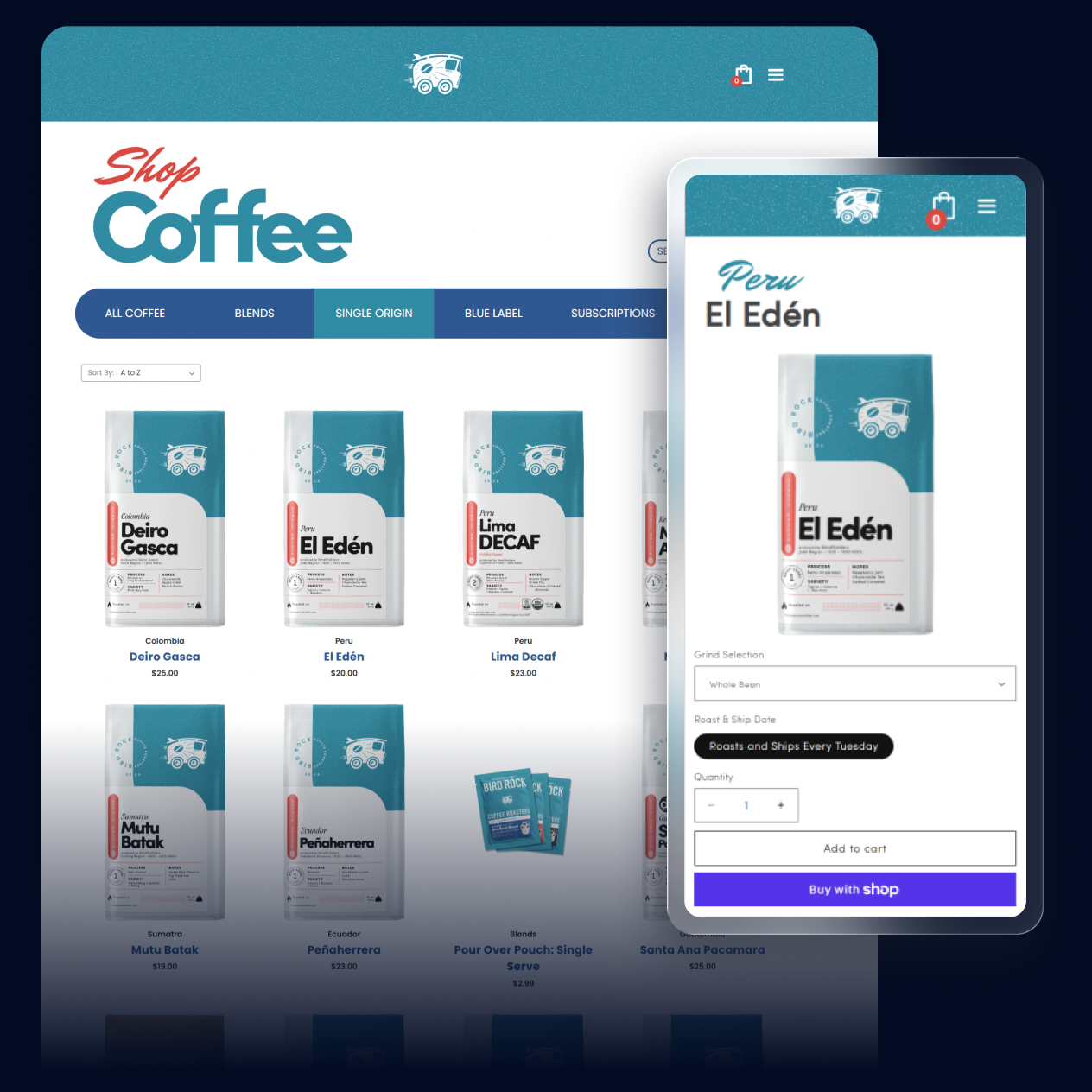 Bird Rock Coffee storefront and mobile coffee product page