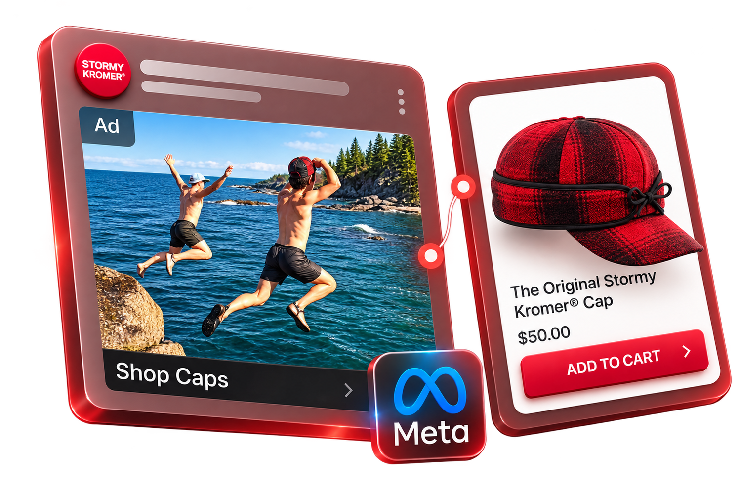 Meta ad creative connected to a Stormy Kromer cap ecommerce product card