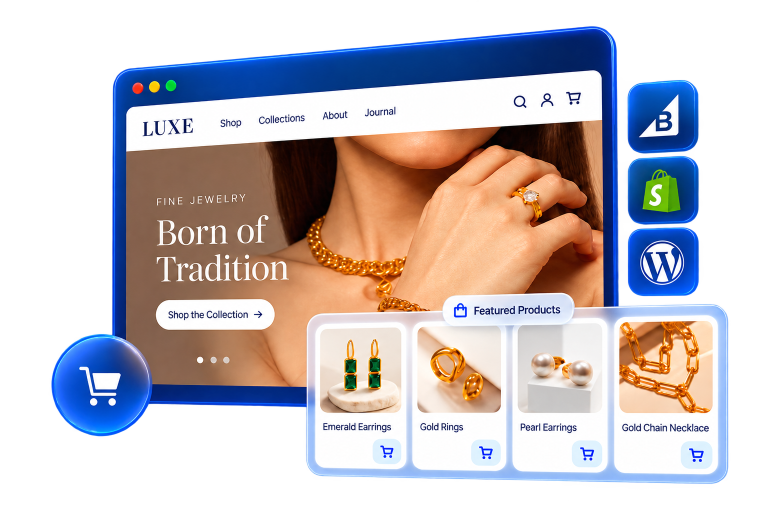 Illustration of a jewelry ecommerce storefront with featured product cards and platform icons
