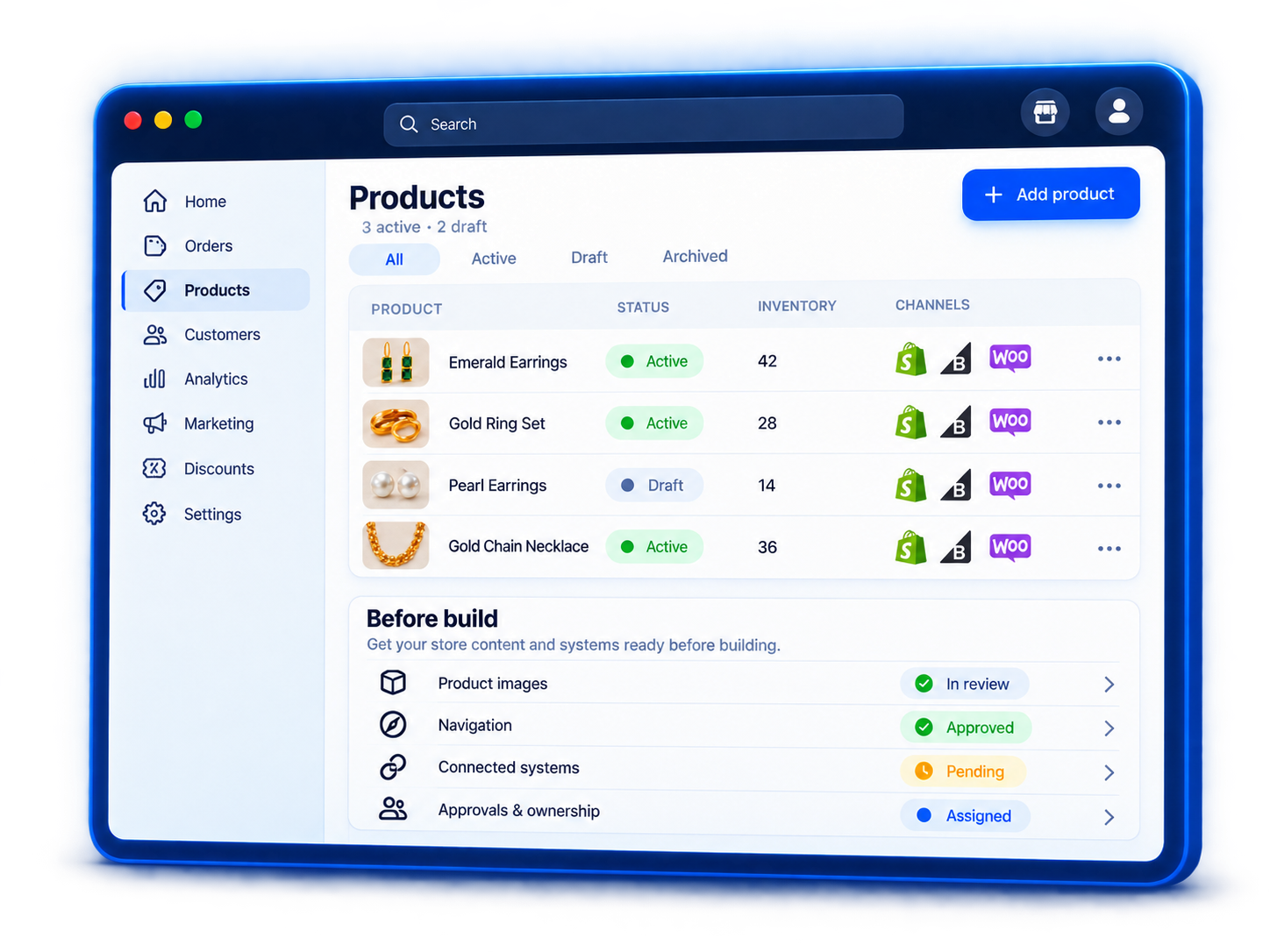 Illustration of an ecommerce products dashboard and pre-build checklist for product images, navigation, connected systems, and approvals