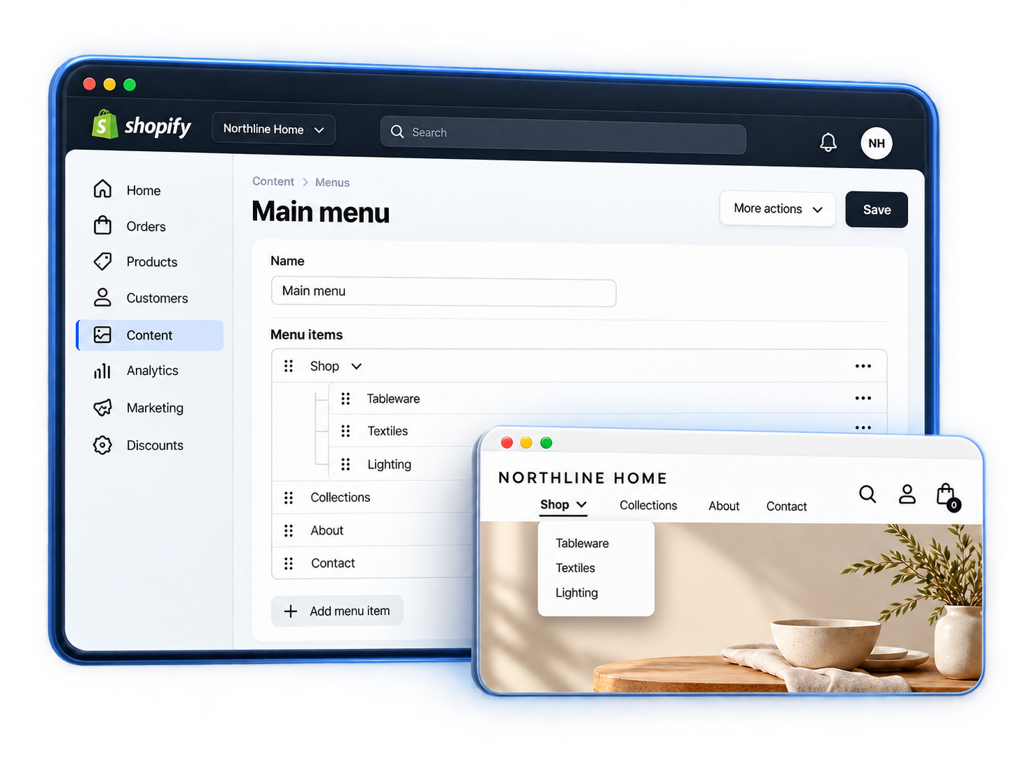 Illustration of a store navigation menu editor and its corresponding customer-facing storefront preview