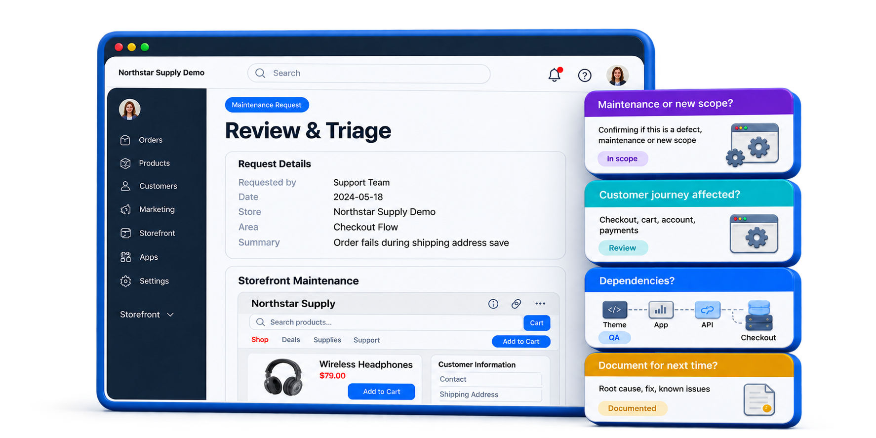 Northstar Supply maintenance request review dashboard with cards for scope, customer journey, dependencies, and documentation