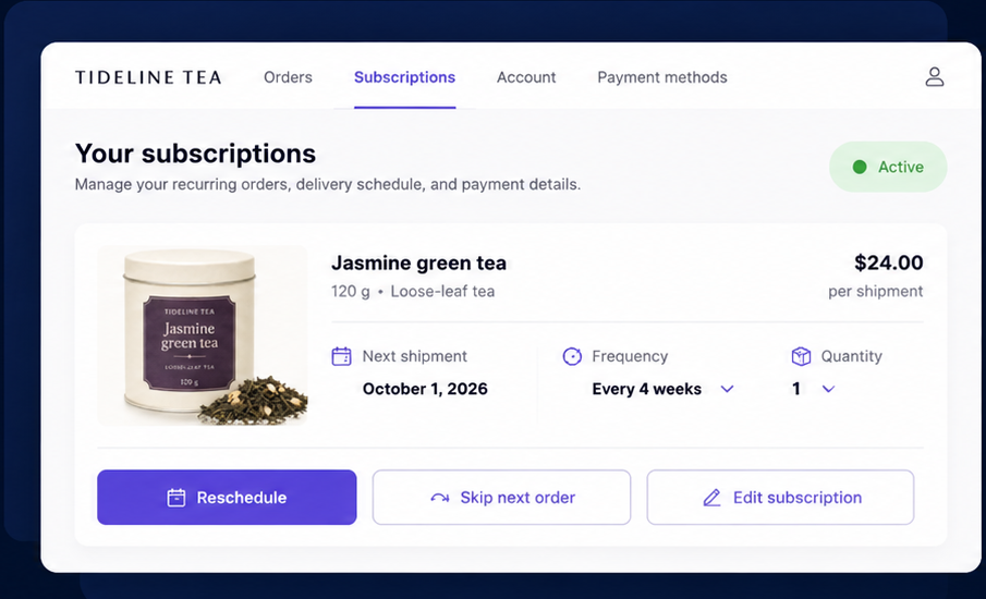 Subscription customer portal showing recurring order management, frequency, quantity, rescheduling, and editing controls